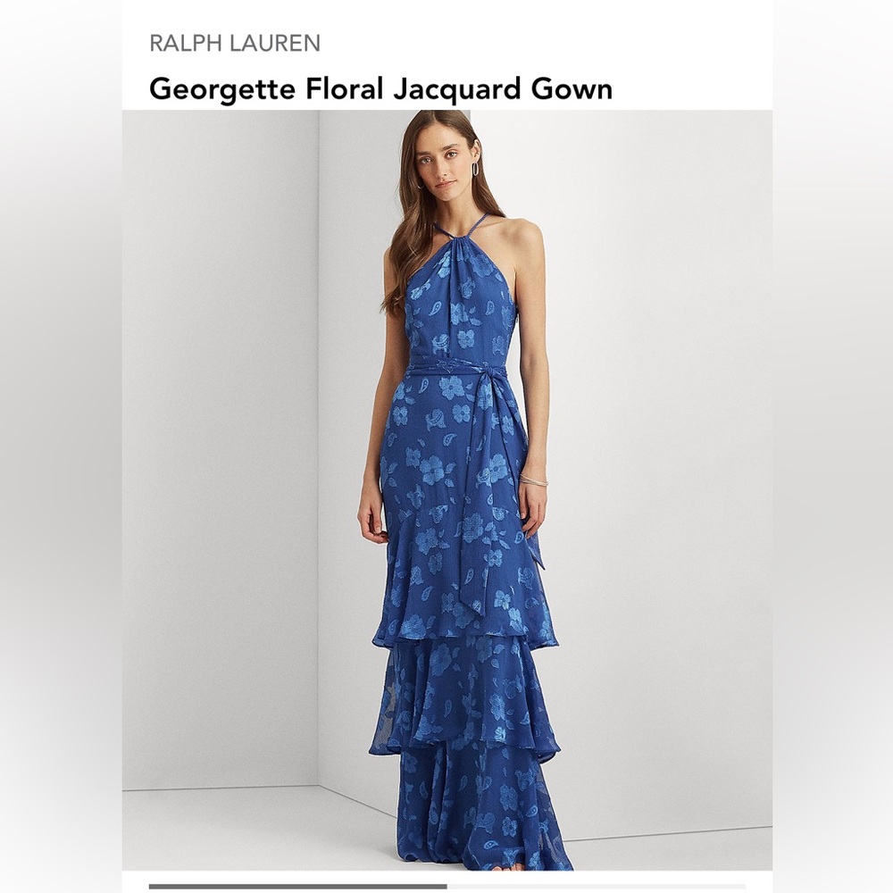 RALPH LAUREN - Lauren Floral Jacquard Halter Gown in Blue